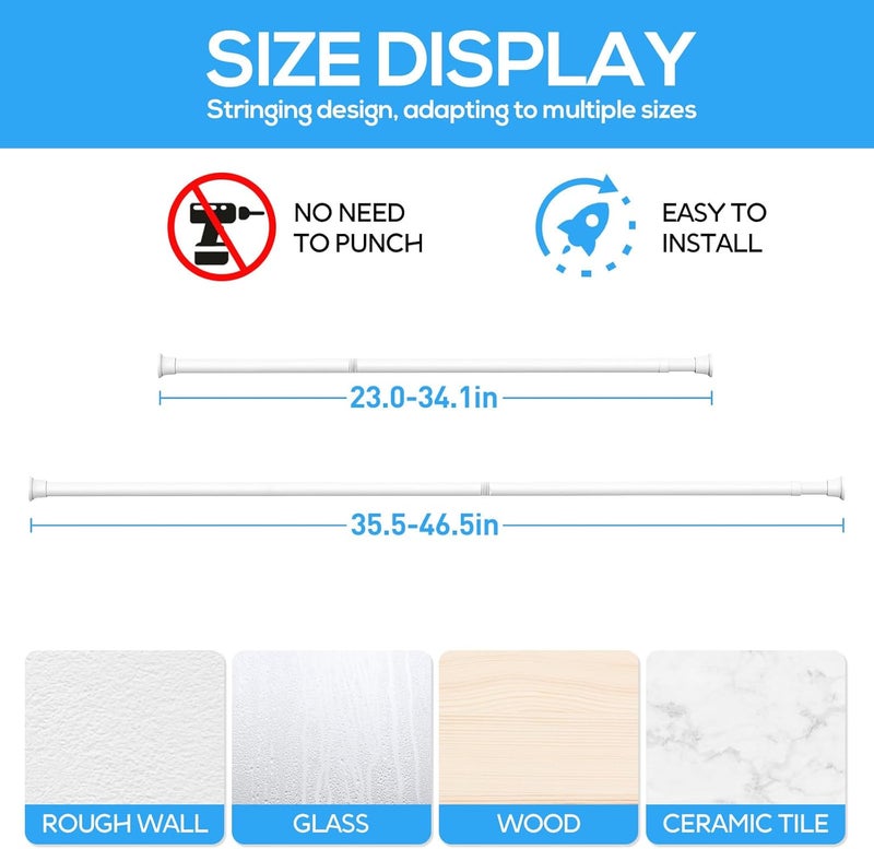 ZipGlo Spring Tension Rods 24-46 Inch, 2Pcs White Adjustable Tension Curtain Rod, Spring Curtain Rods No Drilling Expandable Pressure Spring Tension Rods for Curtains, Closet, Kitchen, Doorway - Image 2
